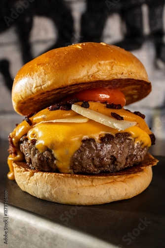 beef hamburger with cheese, egg and sauce