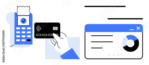 Hand tapping card on terminal for contactless payment, financial data analytics and graph on screen. Ideal for fintech, retail, e-commerce, banking, data trends, cashless economy, simple flat