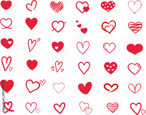 Hearts love set doodle style vector illustration red color drawn by hand art