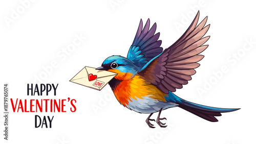A colorful bird in flight holding a Valentine's Day card in its beak, symbolizing love and affection