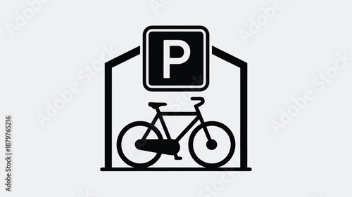 Bicycle parking station symbol with a parked bike under a covered structure and p sign Vector