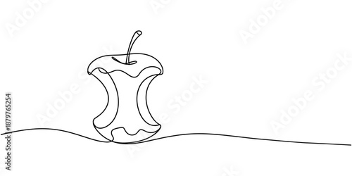 Apple core continuous line drawing art. Abstract simple apple core. One line continuous outline isolated vector illustration, A continuous single line drawing of an apple core, symbolizing nature.