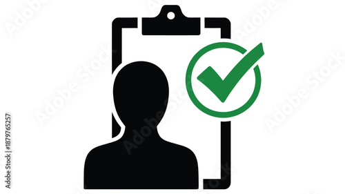 Verified user profile or successfully approved application represented by a person silhouette and checkmark on a clipboard icon Vector
