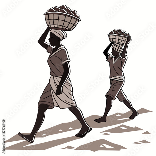 Manual head load carriers walking slowly with baskets