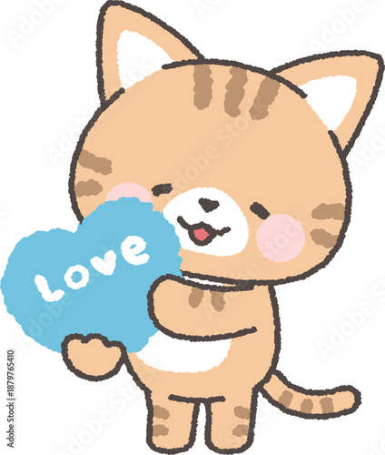 「love」と書かれたハートを持つ茶トラネコ　