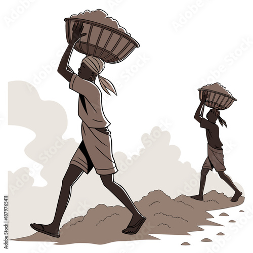 Construction workers carrying baskets of dirt on a construction site