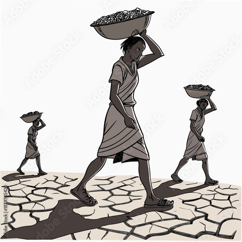 Manual head load carriers walking slowly with heavy loads