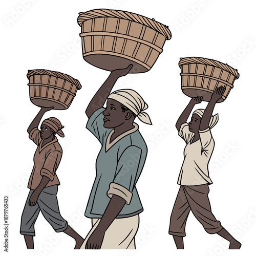 Three manual workers carrying wooden buckets on their heads