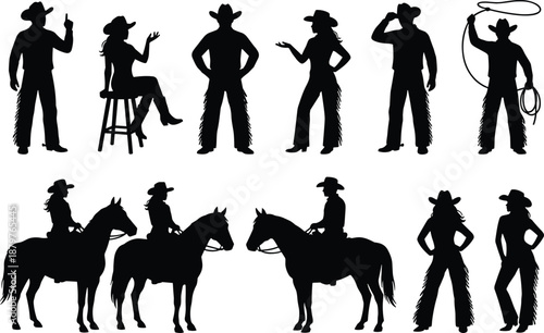 Collection of cowboy silhouettes in classic western scenes including horse riding, lasso and gun poses, black vector illustrations isolated on white background