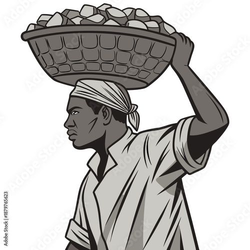 Man carrying solid stone filled basket on head stones