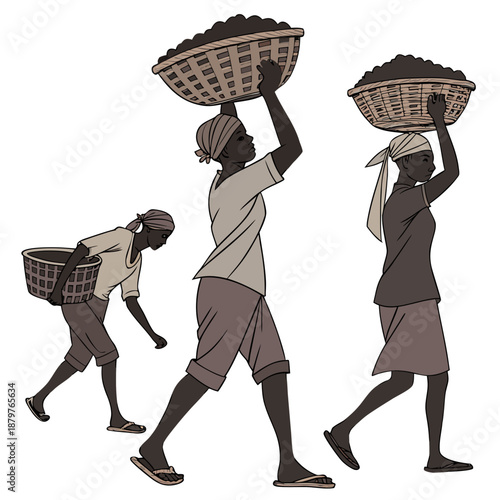 Persons engaged in manual transport of heavy baskets