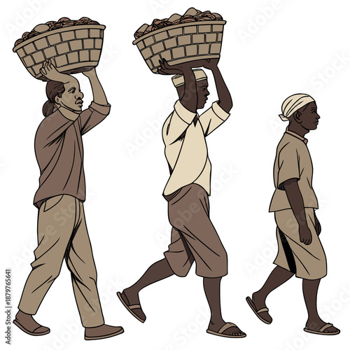 Three men carrying stone filled baskets on their heads