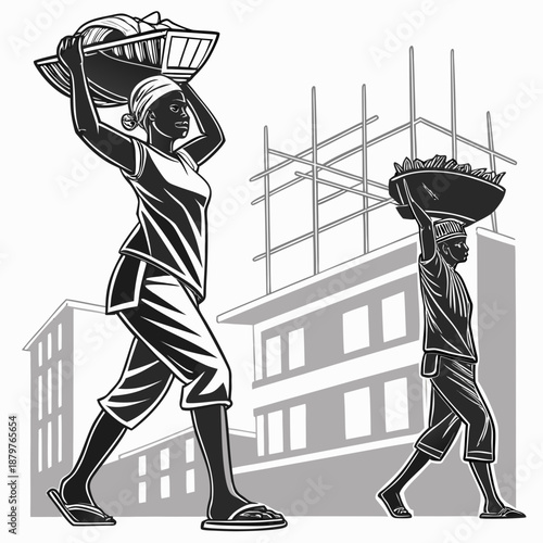 Black and white of two workers carrying baskets on a construction site