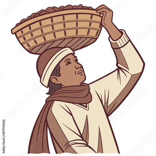 Laborer holding woven basket of raw mate on head worker