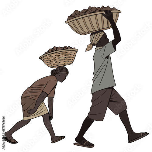 Two people carrying baskets on their heads manual labor