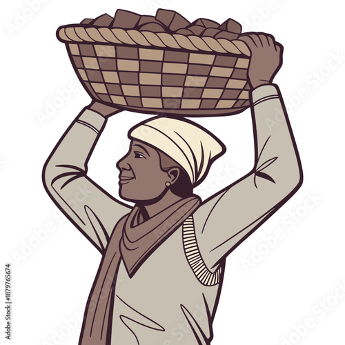 Labor worker holding woven basket of raw mate on head