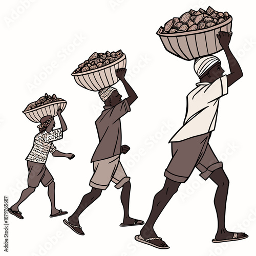 Men carrying baskets of rocks on their heads traditional