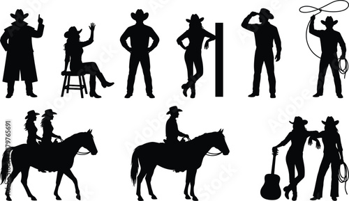 Collection of cowboy silhouettes in western lifestyle scenes including horse riding, lasso action, standing and social poses, black vector illustrations isolated on white background