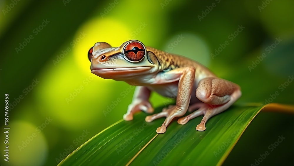 Obraz premium Tree frog perched on tropical leaf, wildlife in natural habitat.