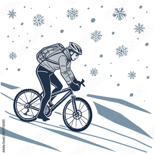 Cyclist pushing through icy winter street on mountain bike with snowflakes