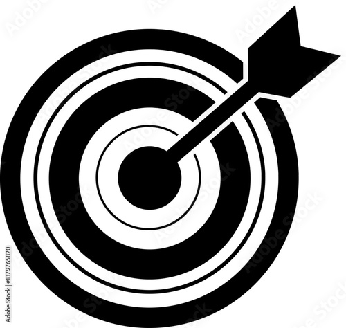 Black and White Archery Target Icon with Arrow Hitting Bullseye
