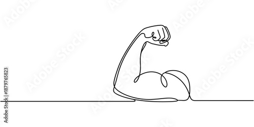 Arm shows bicep fist. Continuous one line vector, shows bicep continuous one line vector drawing, Man shows bicep fist hand continuous line drawing. Fitness and gym concept. minimal style.