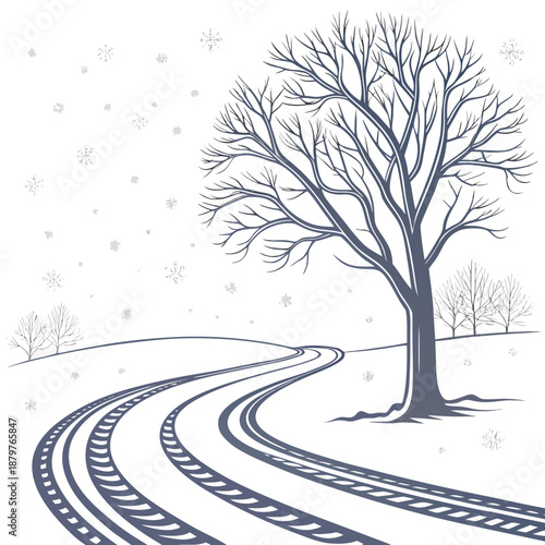 Snowy bike path with bare tree and snowfall bicycle