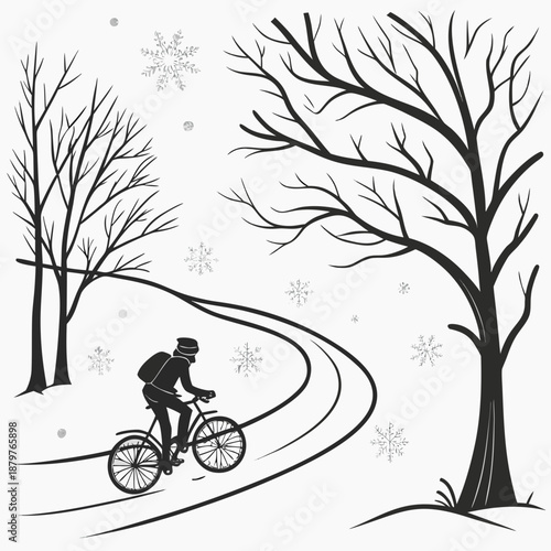 Person riding bicycle on snowy road between bare trees with snowflakes