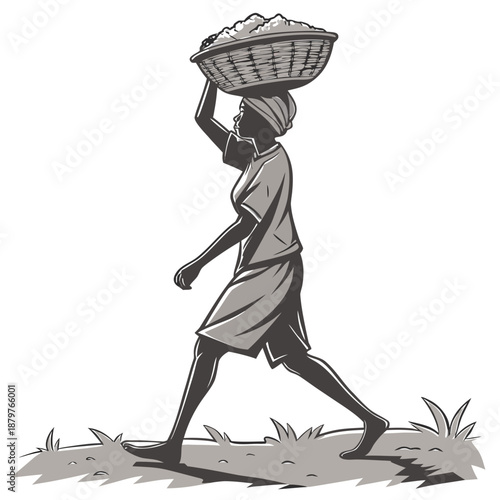 Grayscale of a person carrying a basket on their head