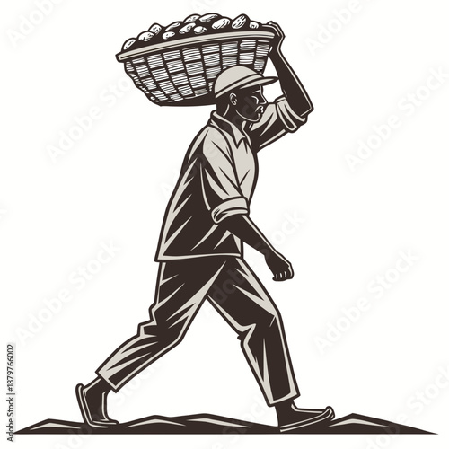 Man walking with basket on head filled with fruit laborer