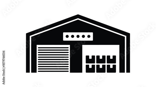 Warehouse building icon with roll-up door and stacked boxes, representing storage and logistics Vector