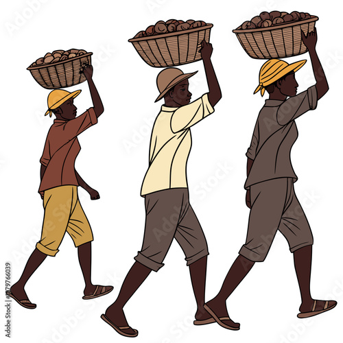 Three workers in perspective holding baskets of produce on their heads