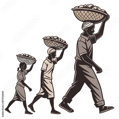 Three workers in perspective holding baskets on their heads