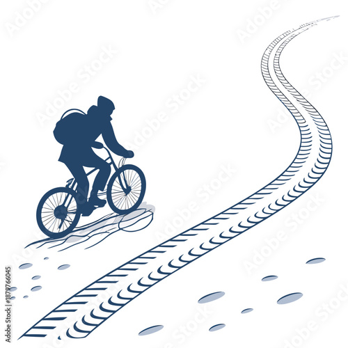 Blue silhouette cyclist riding bike on dirt road with tire tracks