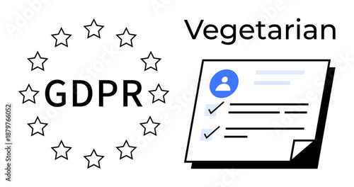 GDPR text surrounded by stars, checklist with user profile icon, and vegetarian label. Ideal for data privacy, compliance, policy, vegetarian lifestyle, personal rights, regulations simple flat