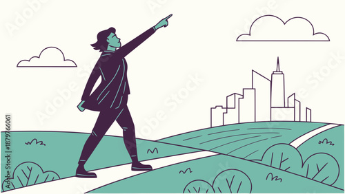 A leader's silhouette pointing towards the horizon, with a strategic vision and the future of the business.