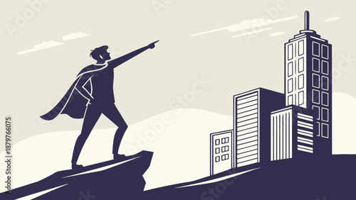 A leader's silhouette pointing towards the horizon, with a strategic vision and the future of the business.