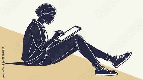 Silhouette of a person using a tablet to study, digital education.