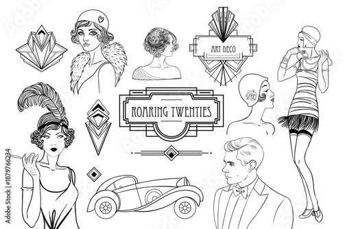 Black and white Art Deco vector set inspired by the Great Gatsby era. Decorative geometric frames and elements featuring men, women, fashion, cocktails, and vintage cars in elegant 1920s style.