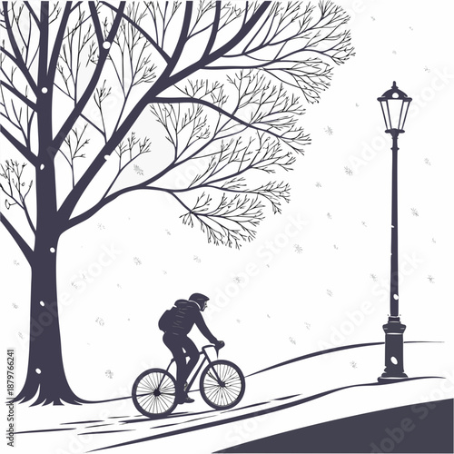 Monochrome of cyclist riding under bare tree in snowy urban setting