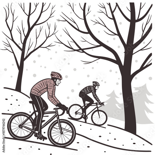 Two cyclists riding bicycles on snowy road with bare trees