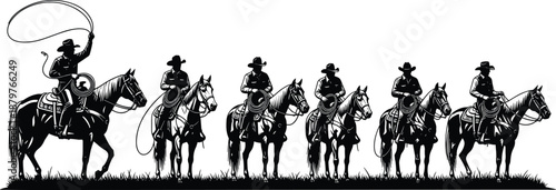 Cowboy riding horse silhouette illustration set showing western ranch scene with lasso, rodeo riders, and frontier culture isolated on white background for design use