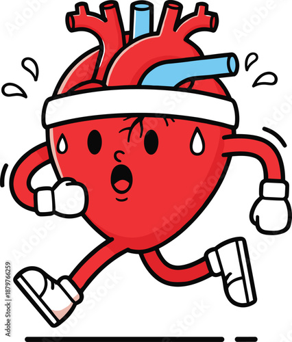 Funny Running Heart Character with Headband Cardio Fitness IllustrationFunny Running Heart Character with Headband Cardio Fitness Illustration