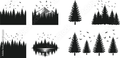 Pine forest and mountain silhouette collection with birds, minimalist nature landscape elements isolated on white background, evergreen trees, wilderness scenery for design, print, and branding