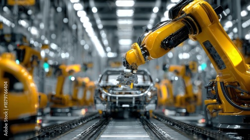 Robotic arms assembling car on automated production line in modern factory