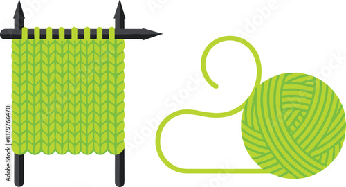 Green Yarn Ball and Knitting Needles with Handmade Fabric IllustrationGreen Yarn Ball and Knitting Needles with Handmade Fabric Illustration