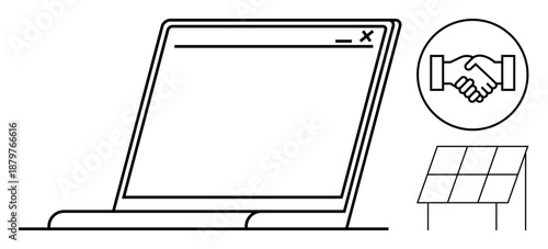 Technology integration. Technology is ed through a laptop, solar panel, and handshake icon. Technology supports renewable energy, collaboration, and environmental solutions. For business