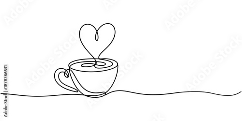 Self drawing line Coffee or tea cup with heart continuous one single line drawn concept video, Full length one line of cup of coffee with heart shape, Minimalist style single line.