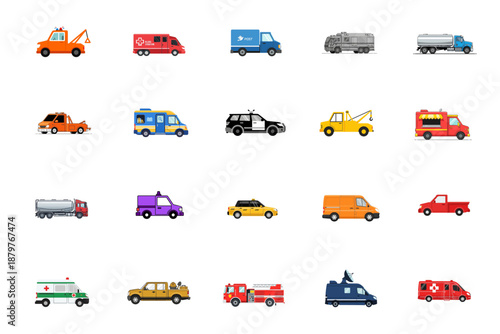 Pixel Art Vehicles Icons Set. Retro 8-bit Video Game Style Transportation Collection with Cars, Trucks, Vans, and Emergency Service Sprites for UI Design.