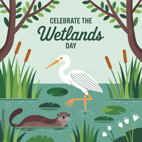 A White Crane and Otter in a Wetland Habitat with Green Plants and Water